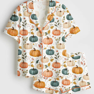 Womenâ€™s Autumn Pumpkin Short Sleeve Satin Pajama Set