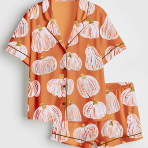 Women's Autumn Pumpkins Patch Fall Short Sleeve Satin Pajama Set