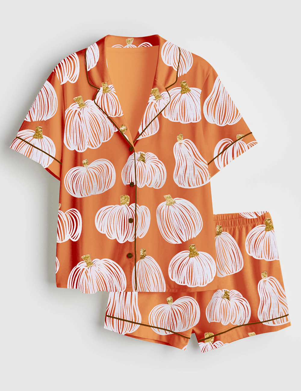 Womenâ€™s Autumn Pumpkins Patch Fall Short Sleeve Satin Pajama Set