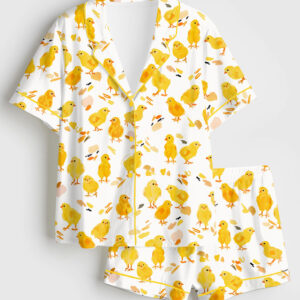 Women's Baby Chickens Cute Animals Short Sleeve Satin Pajama Set