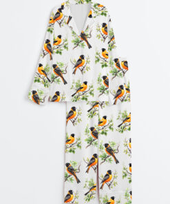 Women's Baltimore Oriole Bird Cute Colorful Bird Long Sleeve Satin Pajama Set