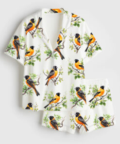 Women's Baltimore Oriole Bird Cute Colorful Bird Short Sleeve Satin Pajama Set