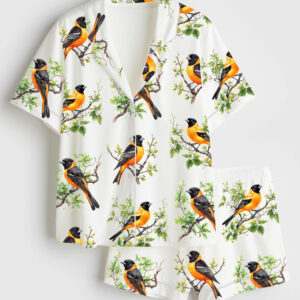 Womenâ€™s Baltimore Oriole Bird Cute Colorful Bird Short Sleeve Satin Pajama Set