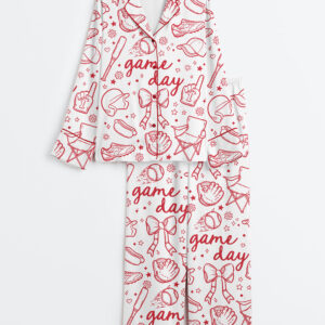 Women's Baseball Game Day Coquette Hand Drawn Doodle Print Long Sleeve Satin Pajama Set