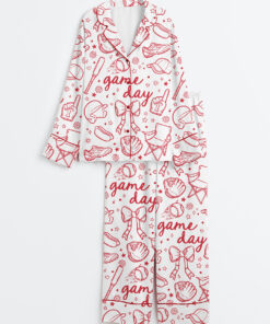 Women's Baseball Game Day Coquette Hand Drawn Doodle Print Long Sleeve Satin Pajama Set