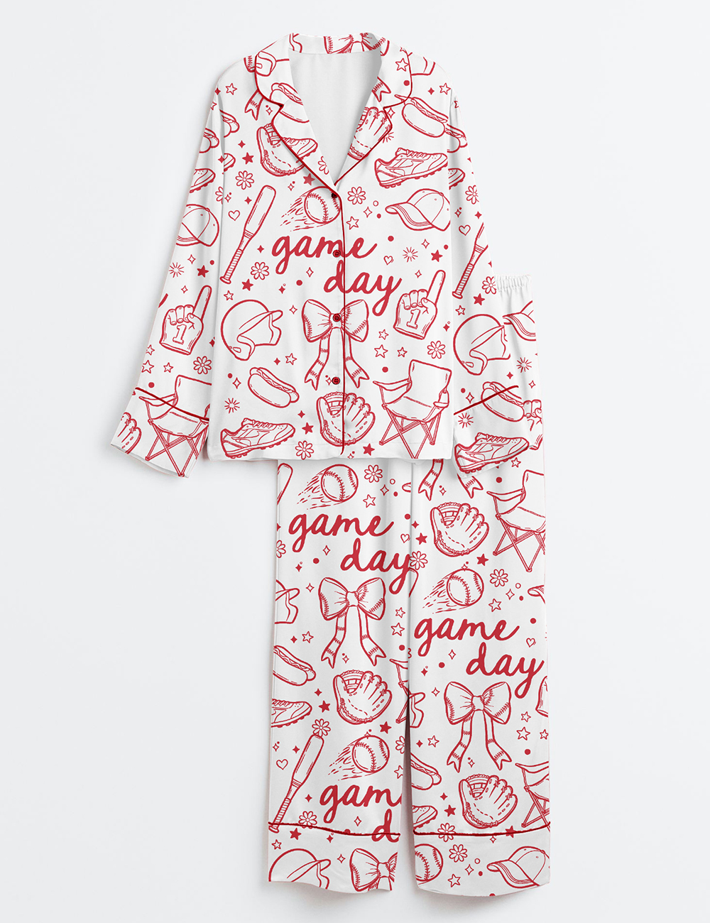 Womenâ€™s Baseball Game Day Coquette Hand Drawn Doodle Print Long Sleeve Satin Pajama Set
