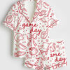 Womenâ€™s Baseball Game Day Coquette Hand Drawn Doodle Print Short Sleeve Satin Pajama Set