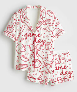 Women's Baseball Game Day Coquette Hand Drawn Doodle Print Short Sleeve Satin Pajama Set