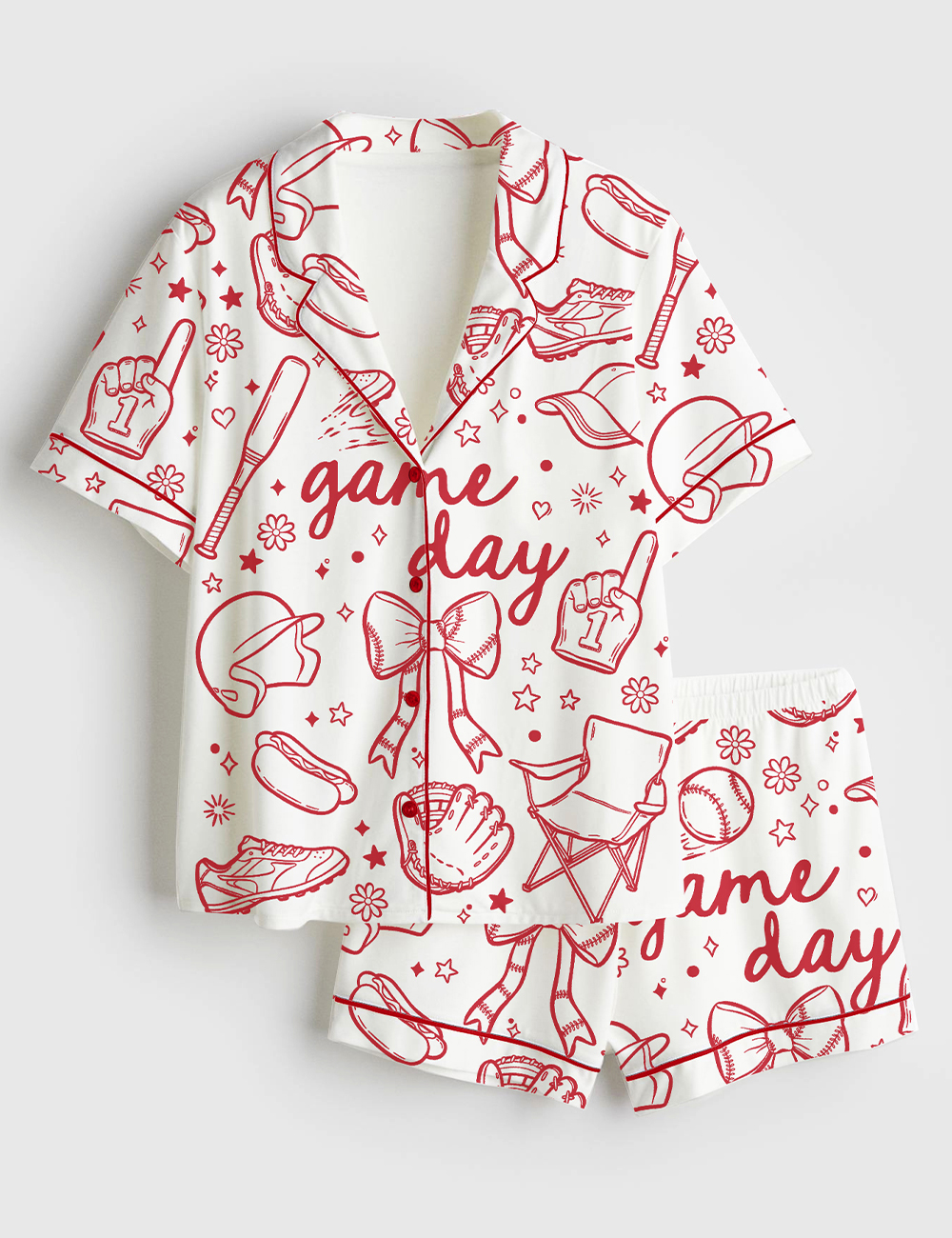 Women's Baseball Game Day Coquette Hand Drawn Doodle Print Short Sleeve Satin Pajama Set