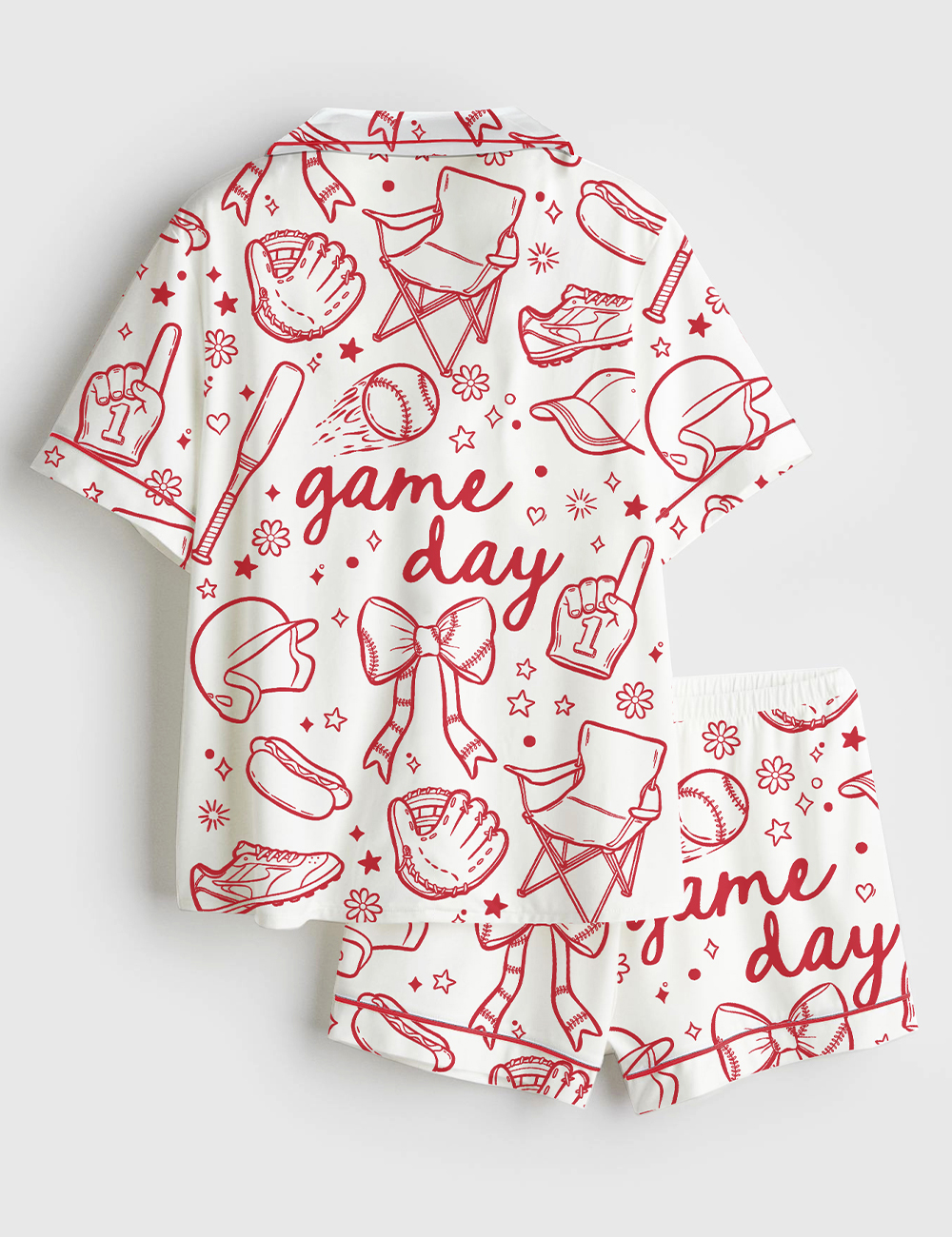 Women's Baseball Game Day Coquette Hand Drawn Doodle Print Short Sleeve Satin Pajama Set - Image 2
