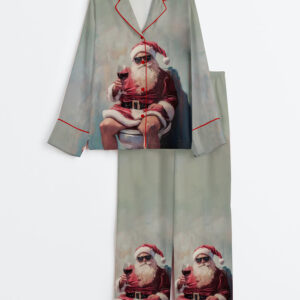 Women's Bathroom Christmas Santa Humor Festive Holiday Wine Lover Long Sleeve Satin Pajama Set
