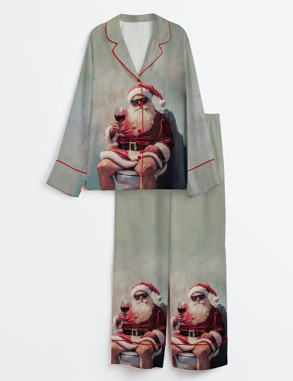 Womenâ€™s Bathroom Christmas Santa Humor Festive Holiday Wine Lover Long Sleeve Satin Pajama Set