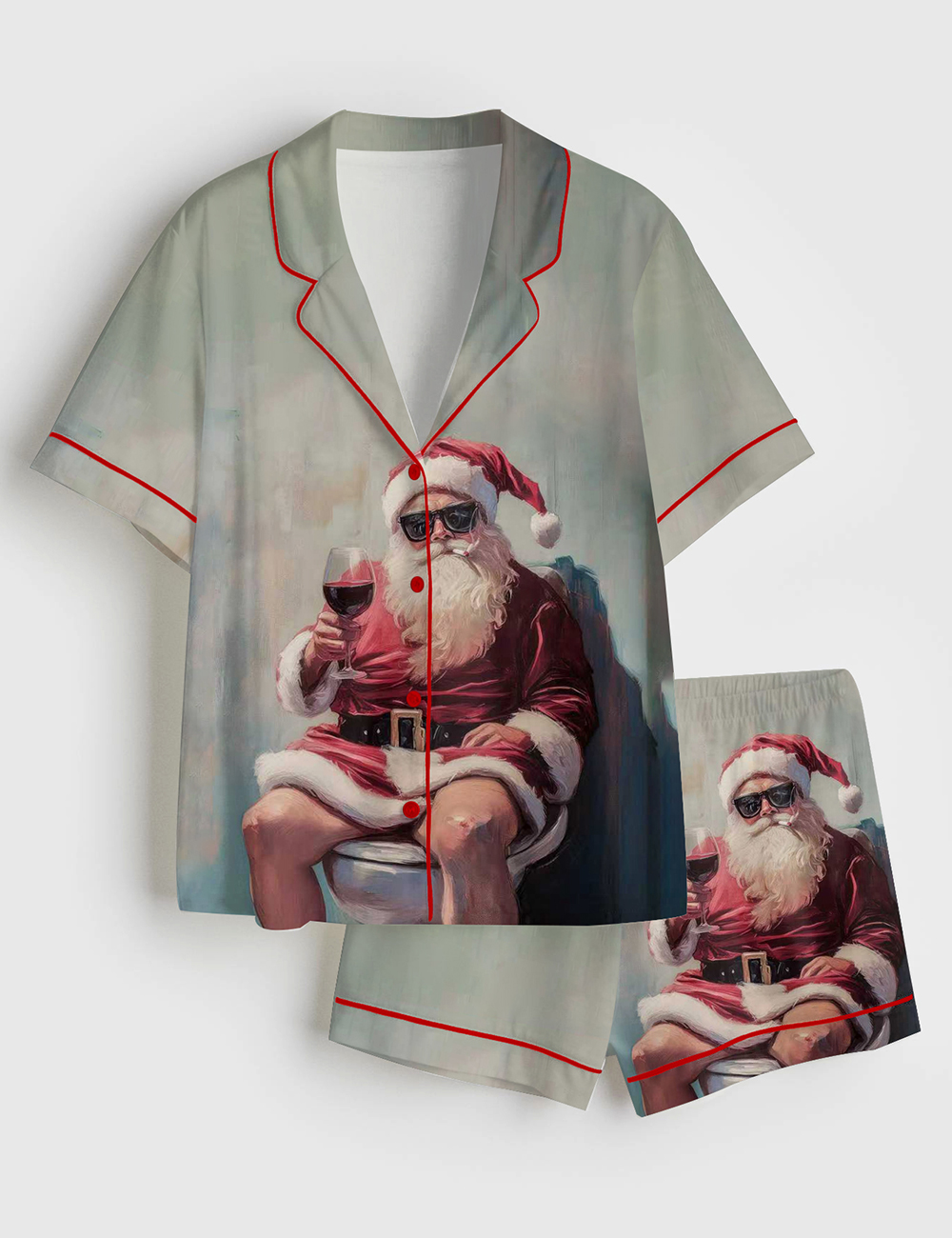 Womenâ€™s Bathroom Christmas Santa Humor Festive Holiday Wine Lover Short Sleeve Satin Pajama Set