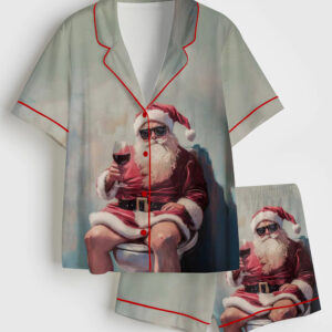 Women's Bathroom Christmas Santa Humor Festive Holiday Wine Lover Short Sleeve Satin Pajama Set