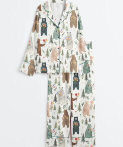Women's Bears Floral Pattern Long Sleeve Satin Pajama Set