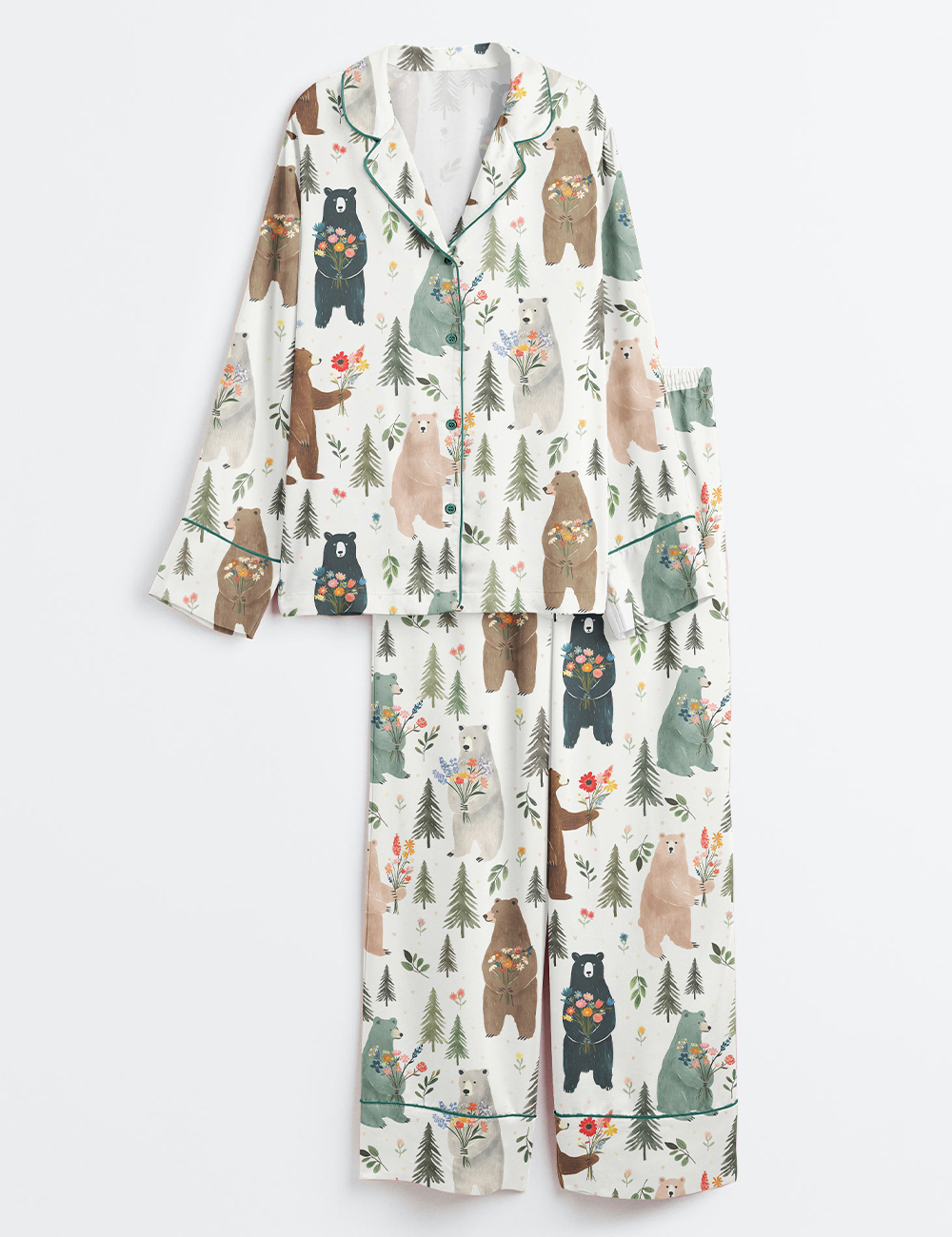 Womenâ€™s Bears Floral Pattern Long Sleeve Satin Pajama Set