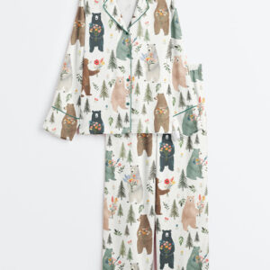 Women's Bears Floral Pattern Long Sleeve Satin Pajama Set