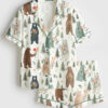 Women's Bears Floral Pattern Short Sleeve Satin Pajama Set