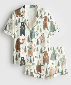 Women's Bears Floral Pattern Short Sleeve Satin Pajama Set