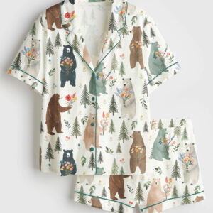Womenâ€™s Bears Floral Pattern Short Sleeve Satin Pajama Set