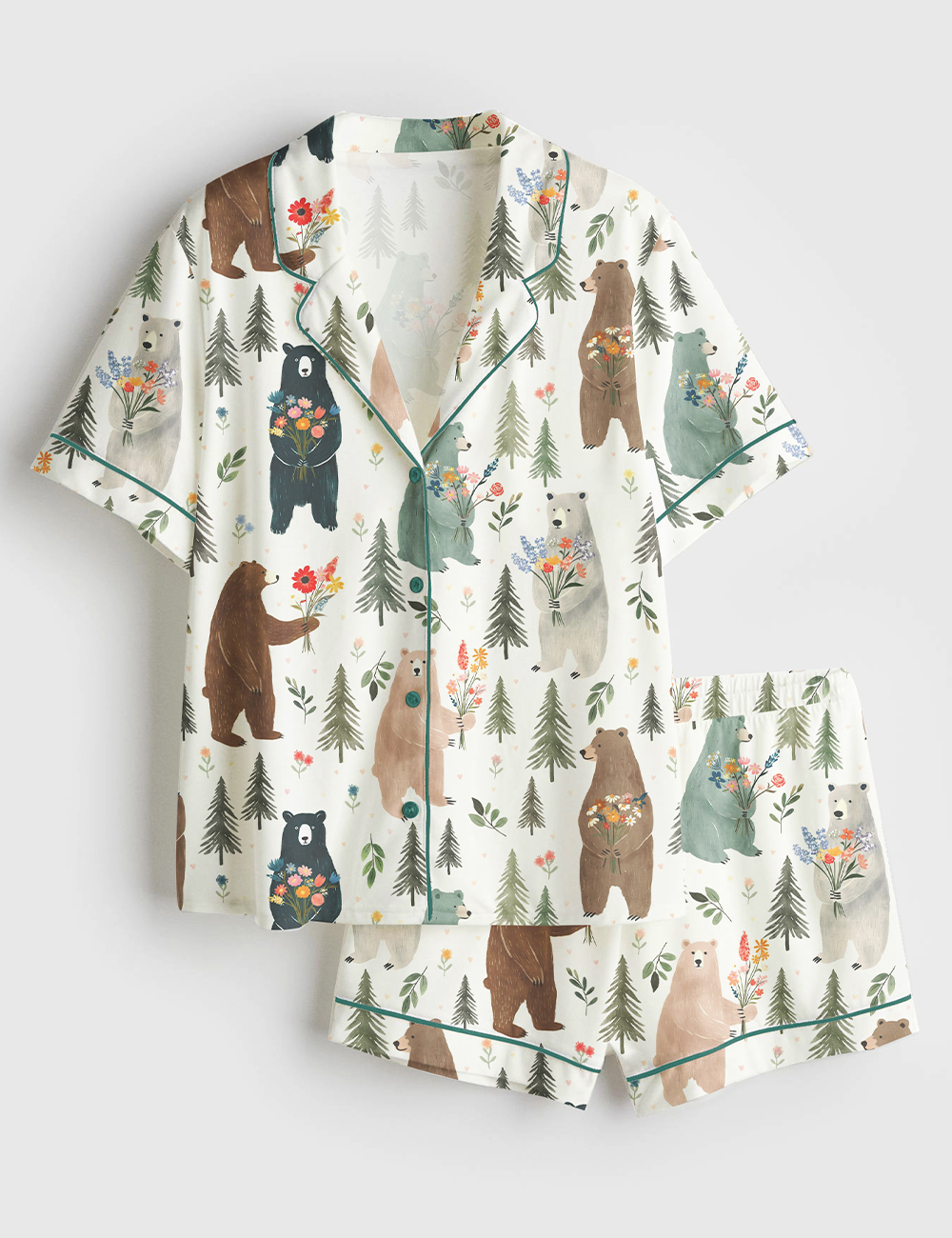 Womenâ€™s Bears Floral Pattern Short Sleeve Satin Pajama Set