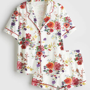 Womenâ€™s Beautiful Floral Bouquet Short Sleeve Satin Pajama Set