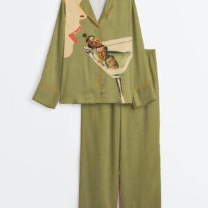 Women's Beautiful Girl Drinking Martini Cocktail Wine Long Sleeve Satin Pajama Set