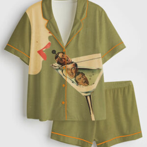 Womenâ€™s Beautiful Girl Drinking Martini Cocktail Wine Short Sleeve Satin Pajama Set