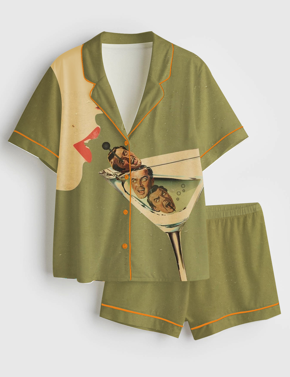 Womenâ€™s Beautiful Girl Drinking Martini Cocktail Wine Short Sleeve Satin Pajama Set