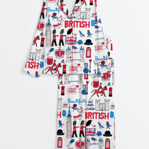 Women's Beautifully British Artwork Long Sleeve Satin Pajamas Set