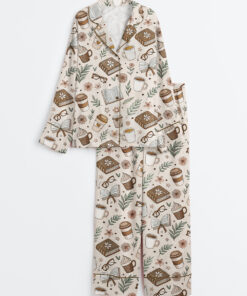 Women's Beige Coffee And Books Reading Lover Girly Bookish Print Long Sleeve Satin Pajama Set