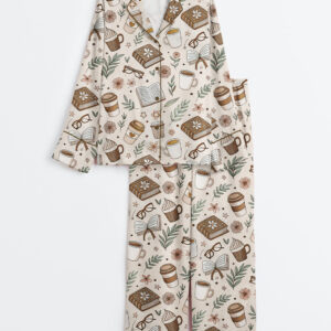 Womenâ€™s Beige Coffee And Books Reading Lover Girly Bookish Print Long Sleeve Satin Pajama Set