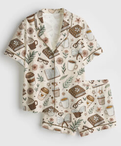 Women's Beige Coffee And Books Reading Lover Girly Bookish Print Short Sleeve Satin Pajama Set