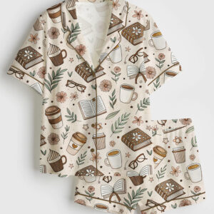 Womenâ€™s Beige Coffee And Books Reading Lover Girly Bookish Print Short Sleeve Satin Pajama Set
