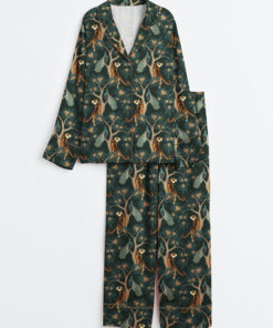 Women's Bengal Tiger And Peacock Chinoiserie Asian Inspired Print Long Sleeve Satin Pajama Set