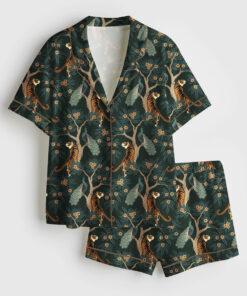 Women's Bengal Tiger And Peacock Chinoiserie Asian Inspired Print Short Sleeve Satin Pajama Set
