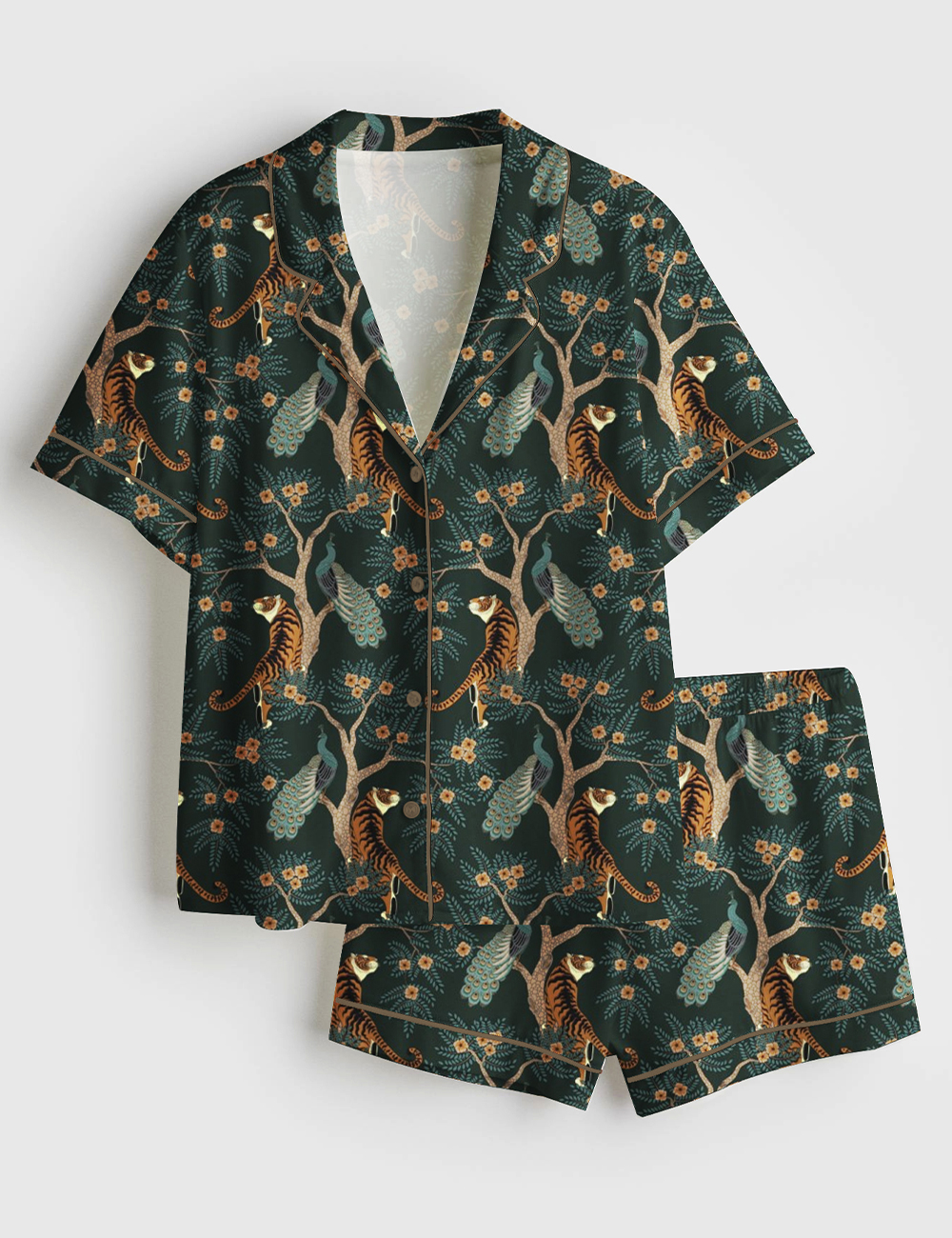 Womenâ€™s Bengal Tiger And Peacock Chinoiserie Asian Inspired Print Short Sleeve Satin Pajama Set
