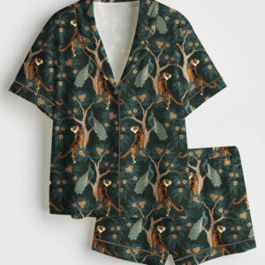 Women's Bengal Tiger And Peacock Chinoiserie Asian Inspired Print Short Sleeve Satin Pajama Set