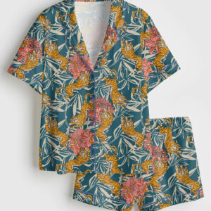 Womenâ€™s Bengal Tiger Exotic Big Cat Peony Floral Art Print Short Sleeve Satin Pajama Set