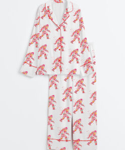 Women's Big Foot Cute Floral Big Foot Adventure Nature Lover Print Long Sleeve Satin Pajama Set
