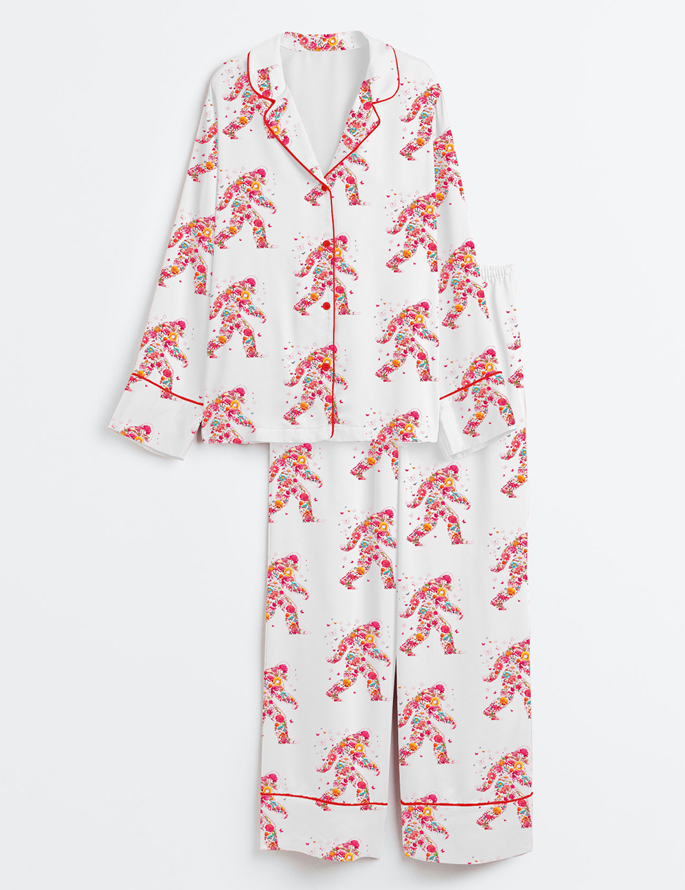 Womenâ€™s Big Foot Cute Floral Big Foot Adventure Nature Lover Print Long Sleeve Satin Pajama Set