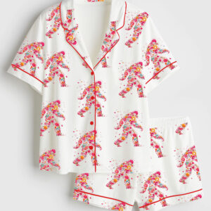 Womenâ€™s Big Foot Cute Floral Big Foot Adventure Nature Lover Print Short Sleeve Satin Pajama Set