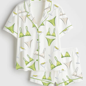 Women's Bikinis And Martinis Bachelorette Dirty Martini Print Short Sleeve Satin Pajama Set