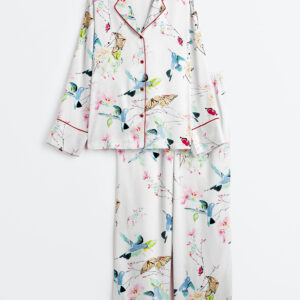 Women's Bird And Butterfly Long Sleeve Satin Pajamas Set