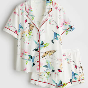 Womenâ€™s Bird And Butterfly Short Sleeve Satin Pajama Set