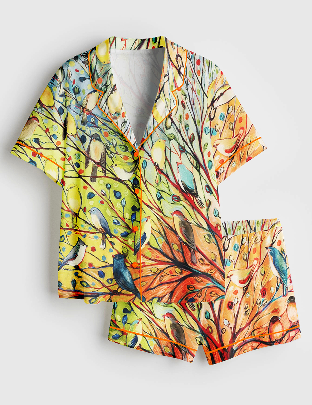 Women's Bird On A Branch Colored Plants Painting Short Sleeve Satin Pajama Set