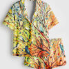 Womenâ€™s Bird On A Branch Colored Plants Painting Short Sleeve Satin Pajama Set
