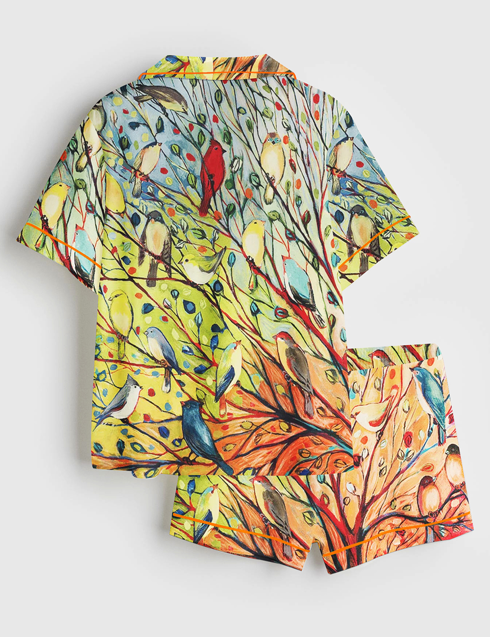 Women's Bird On A Branch Colored Plants Painting Short Sleeve Satin Pajama Set - Image 2