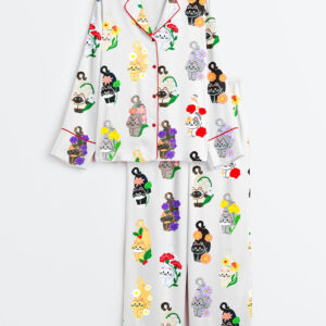 Women's Birth Months Flower Cats Cute Cat Lover Print Long Sleeve Satin Pajama Set