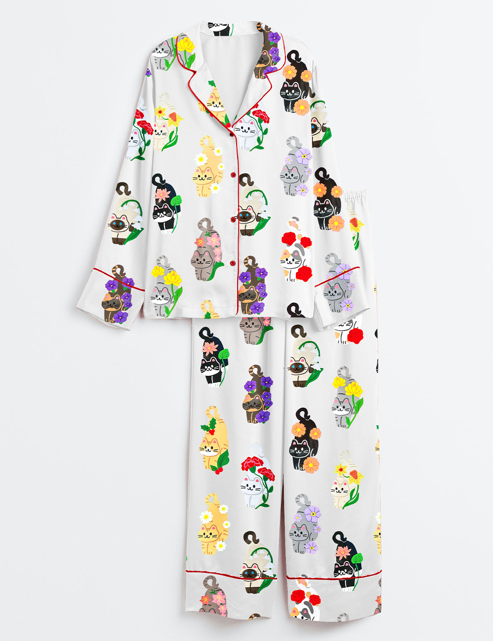 Womenâ€™s Birth Months Flower Cats Cute Cat Lover Print Long Sleeve Satin Pajama Set